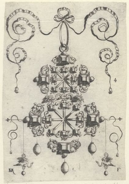 Mignot, Daniel, (active 1593-1596), (printmaker), Pendants in the form of wheels, stars and crosses: Large pendant with two double crosses, surrounded by six large and sixteen small table-stones