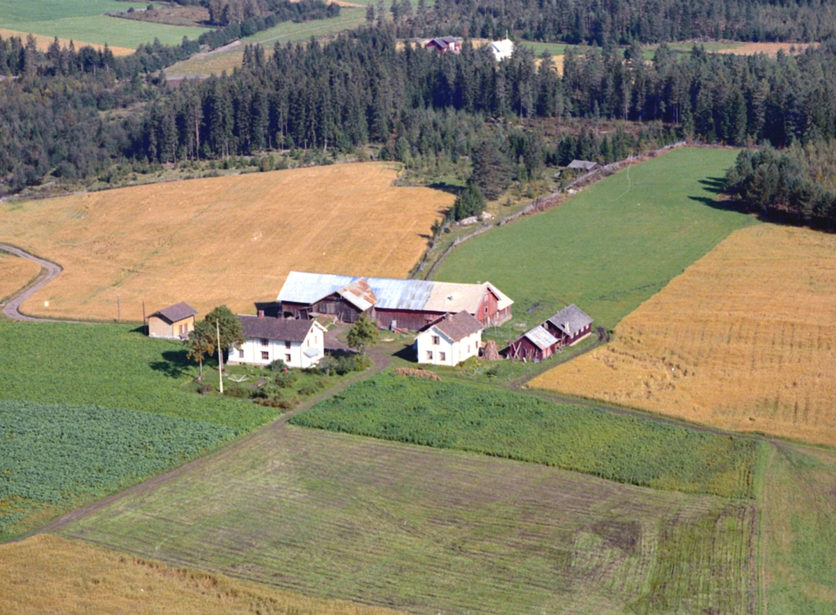 Widerøes Flyveselskap A/S, FLYFOTO, GARD, LØTEN. Ekrum (Ekrom) gård i Nordbygda. Stedet man ser i bakgrunn er Ekrumshagen (Ekromshagan)