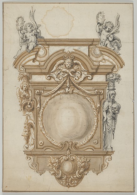 Abraham van Diepenbeeck, Design for an Epitaph with a Variant, flanked by Terms and surmounted by statues of Cherubs