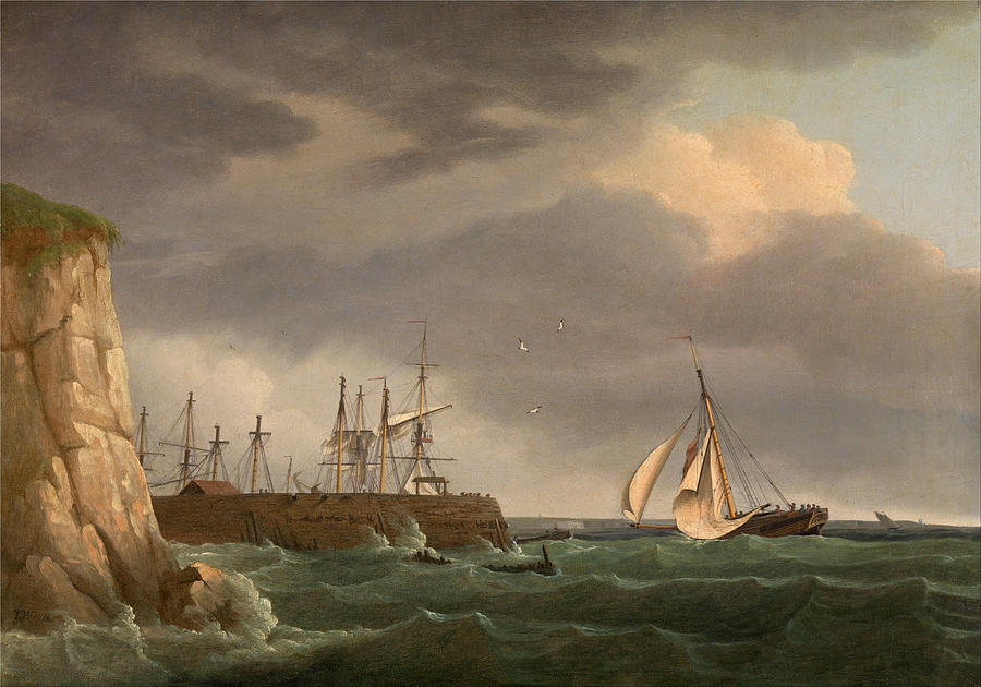 Thomas Whitcombe, A Ship Running into Harbour with Other Craft at a Jetty
