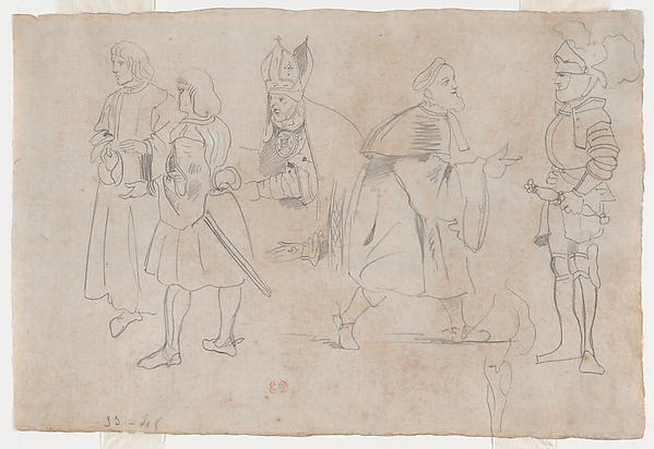 Eugène Delacroix, Figures in Medieval Dress including a Bishop (recto); Figures in a Landscape (verso)