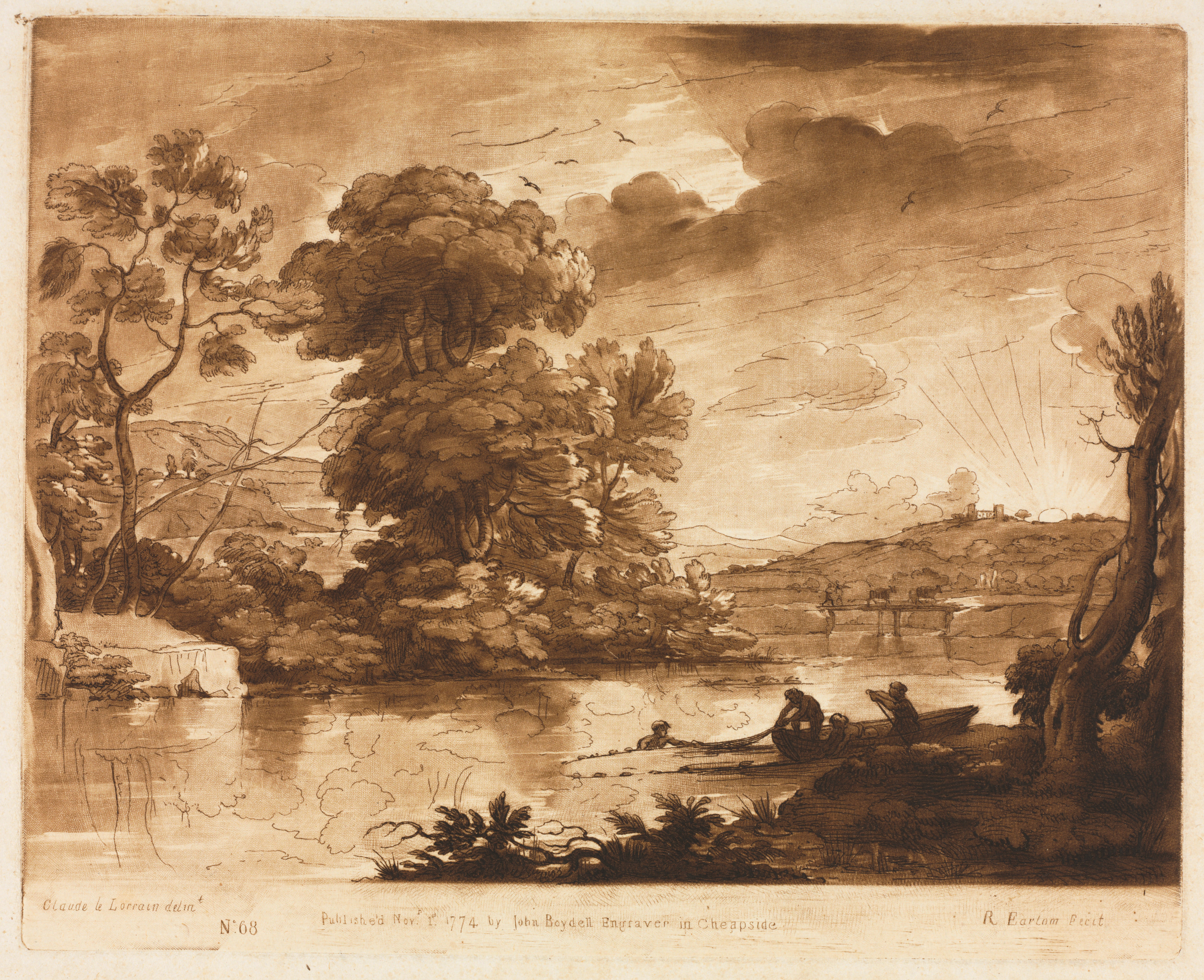 Richard Earlom, Liber Veritatis:  No. 68, A Landscape at Sunset with Fishermen Drawing a Net