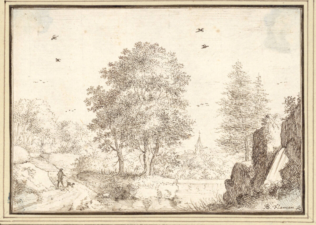 AlbertFlamen, Baumgruppe und Felsen an einem Gewässer, links ein Weg mit Jäger und Hund (II-43)