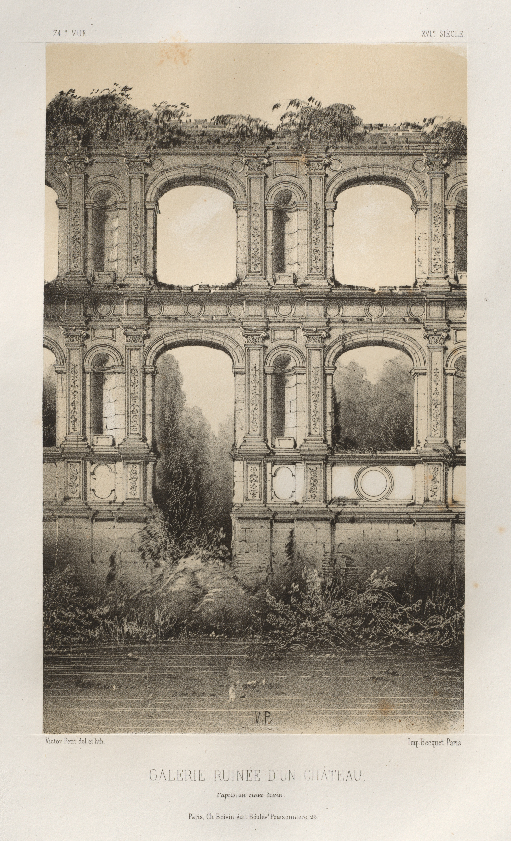 Victor Petit, Architecture Pittoresque ou Monuments des XVeme. Et XVIeme. Siecles: Chateaux de France des XV et XVI Siecles: Pl. 74, Galerie Ruinée D'Un Château, d'aprés un vieux dessin