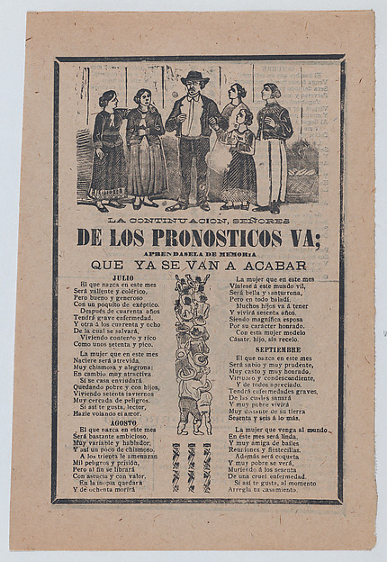 José Guadalupe Posada, Broadsheet with monthly horoscopes; a group of women surrounding one man and a crowd of people raising their arms