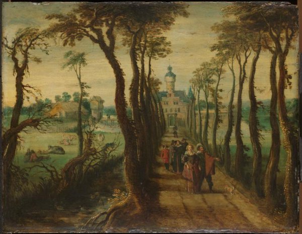 anonymous, Elegant Company on a Causeway Leading towards a Country-House