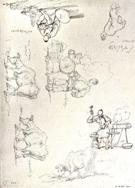 George Chinnery, A page of sketches with blacksmiths and cattle, Macau