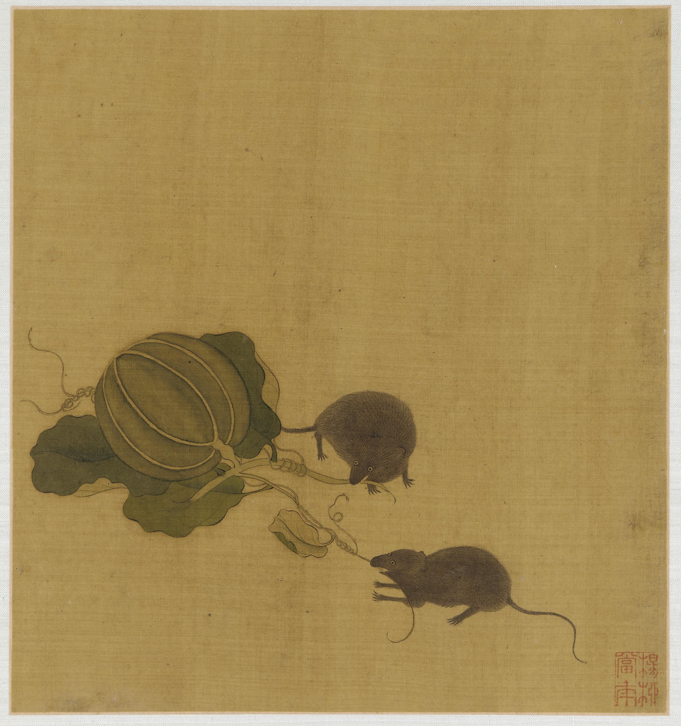 Formerly attributed to Zhao Boju, Two mice and a melon vine