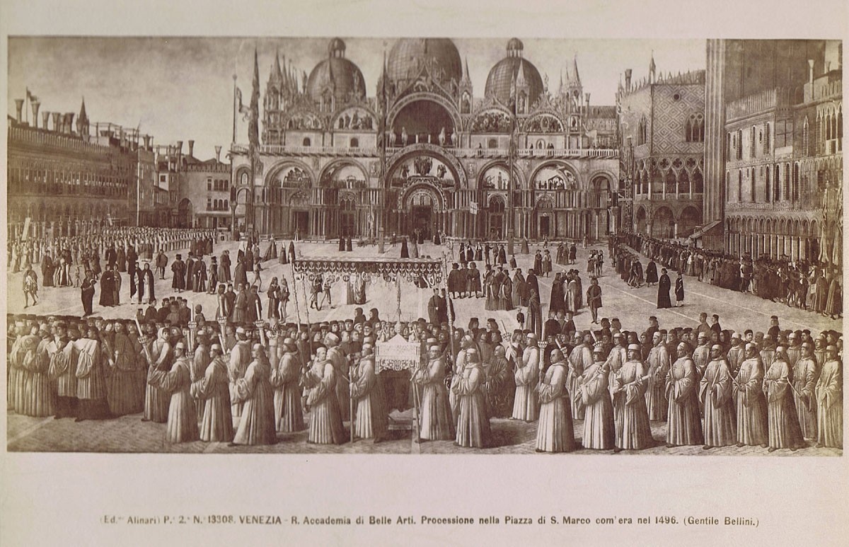 Fratelli Alinari, Gentile Bellini: Prozession auf dem Markusplatz, wie er 1496 war, Accademia di Belle Arti, Venedig