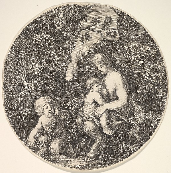 Stefano della Bella, A female satyr breastfeeding an child to the right, turned towards the left, a satyr child on the ground to the left, from "Landscapes and seaports" (Paysages et ports de mer, dans des ronds)