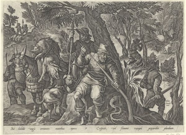Galle, Philippe, (1537-1612), (printmaker), The hunting parties: Boar hunt with shotguns
