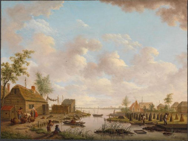 Hendrik Willem Schweickhardt, Landscape with Fishermen and Farmers Extracting Peat in a Marsh