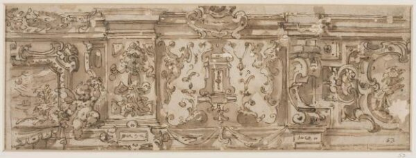 Unknown, Designs (2) for friezes, decorated with scrolled cartouches containing landscapes