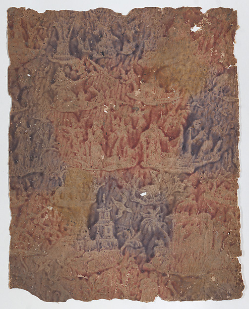 Anonymous, Sheet with figures in landscapes in red, purple, and yellow