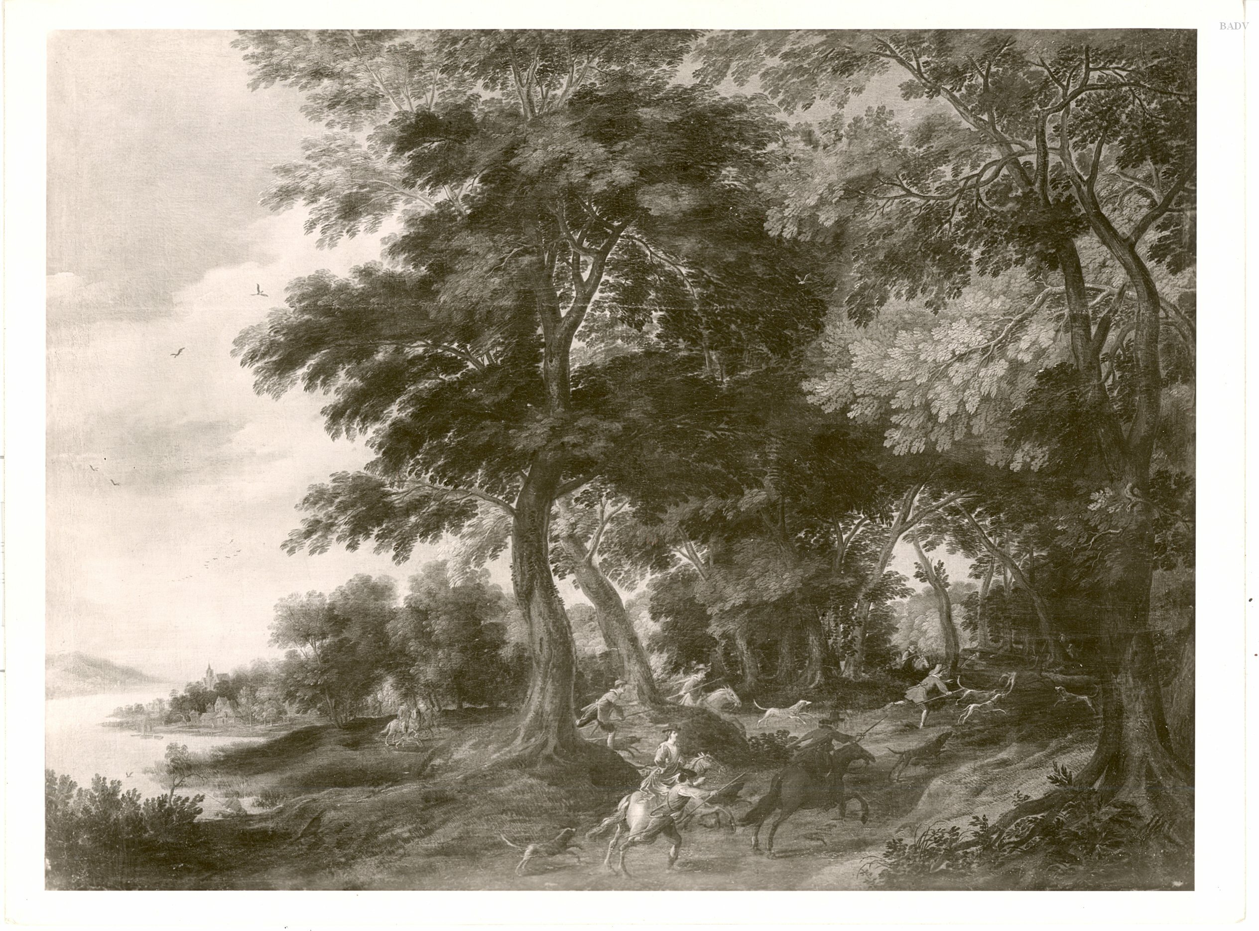 Paul Bril, Waldlandschaft mit See und Jagd