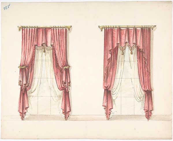 Anonymous, British, 19th century, Design for Two Red Fringed and Tasseled Curtains Hanging from Rods
