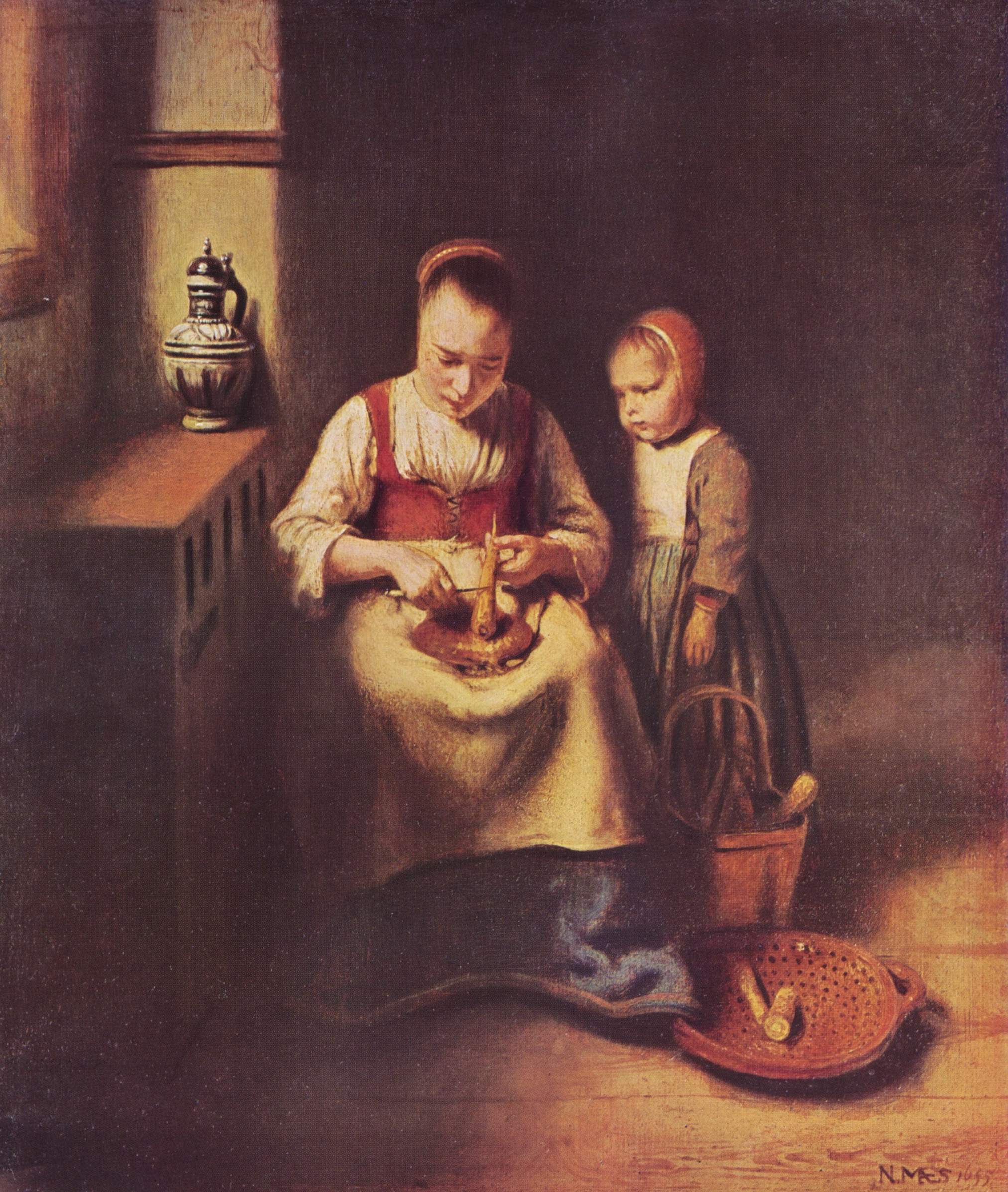 Nicolaes Maes, Young woman grating carrots, with a child watching