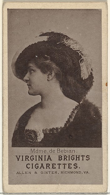 Allen & Ginter, Mdme. de Bebian, from the Actresses series (N67) promoting Virginia Brights Cigarettes for Allen & Ginter brand tobacco products