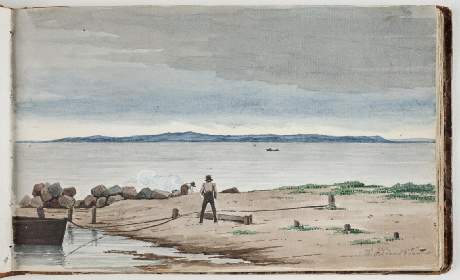 Martinus Rørbye, Udsigt mod et strandlandskab med uvejrsskyer på himlen. To mænd arbejder ved en båd og et bål i forgrunden