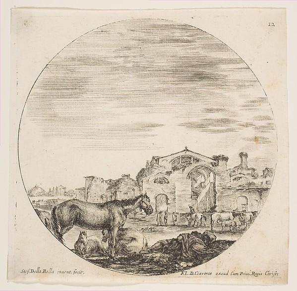 Stefano della Bella, A shepherd sleeping on the ground at right, three horses at left, other horses and various figures to right, the Baths of Diocletian in the background, plate 12 from "Roman landscapes and ruins" (Paysages et ruines de Rome)