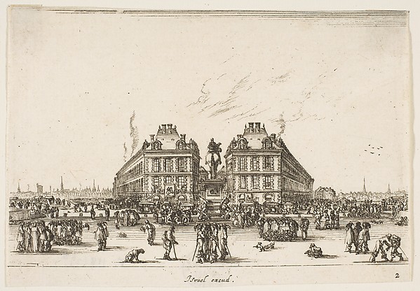 Stefano della Bella, La Place Dauphine, on the coast of Pont Neuf, the equestrian statue of Louis XIII in center, seen from the back and numerous figures, plate 2 from "Various Figures" (Agréable diversité de figures)