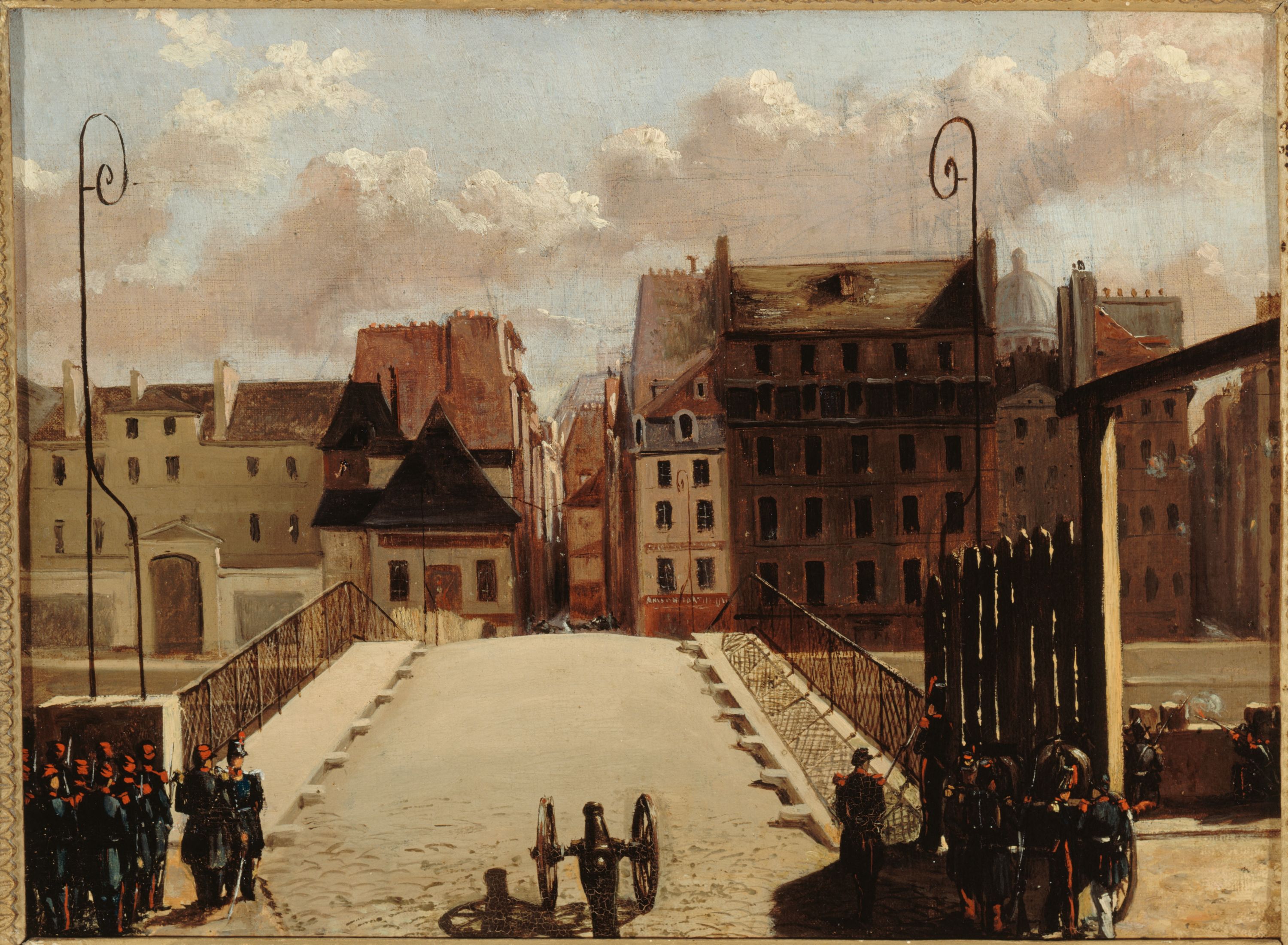 Anonyme, Le Pont de l'Archevêché gardé par les troupes, pendant la révolution de 1848