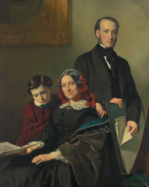 Jacob Spoel, Mevrouw A.J. Schmidt-Keiser, weduwe van de schilder Willem Hendrik Schmidt (1809-49), de leermeester van Jacob Spoel, met haar broer J.N. Keiser en haar tienjarig zoontje