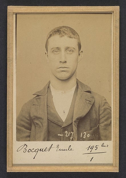 Alphonse Bertillon, Bocquet. Alexandre, Émile. 17 ans, né à Paris XVlle. Menuisier. Vol. Fiché le 14/4/94.