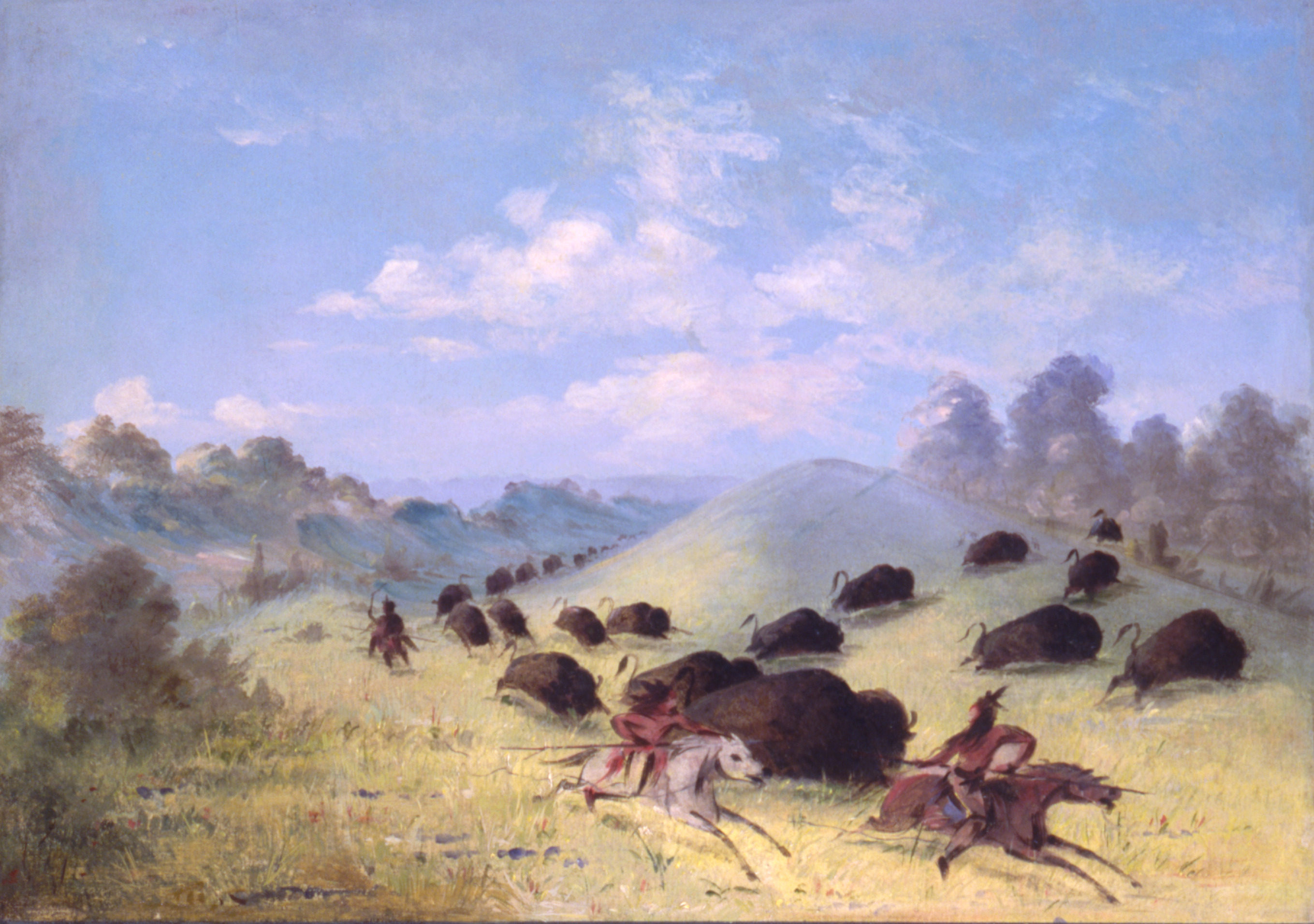 George Catlin, Comanche Indians Chasing Buffalo with Lances and Bows