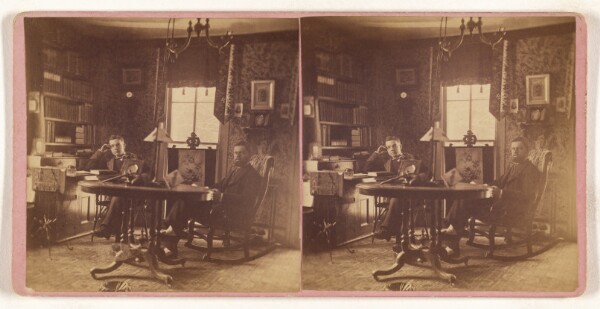 Unknown, [Interior with two men seated at table, Auburn, Maine]