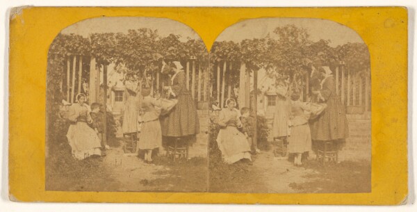 Unknown, [Women and children picking grapes off vine at home]