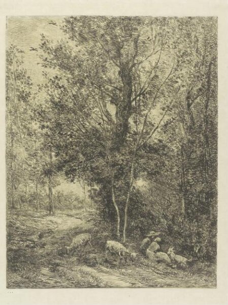 Charles François Daubigny, Landscape: Forest Scene with peasants, sheep and goat