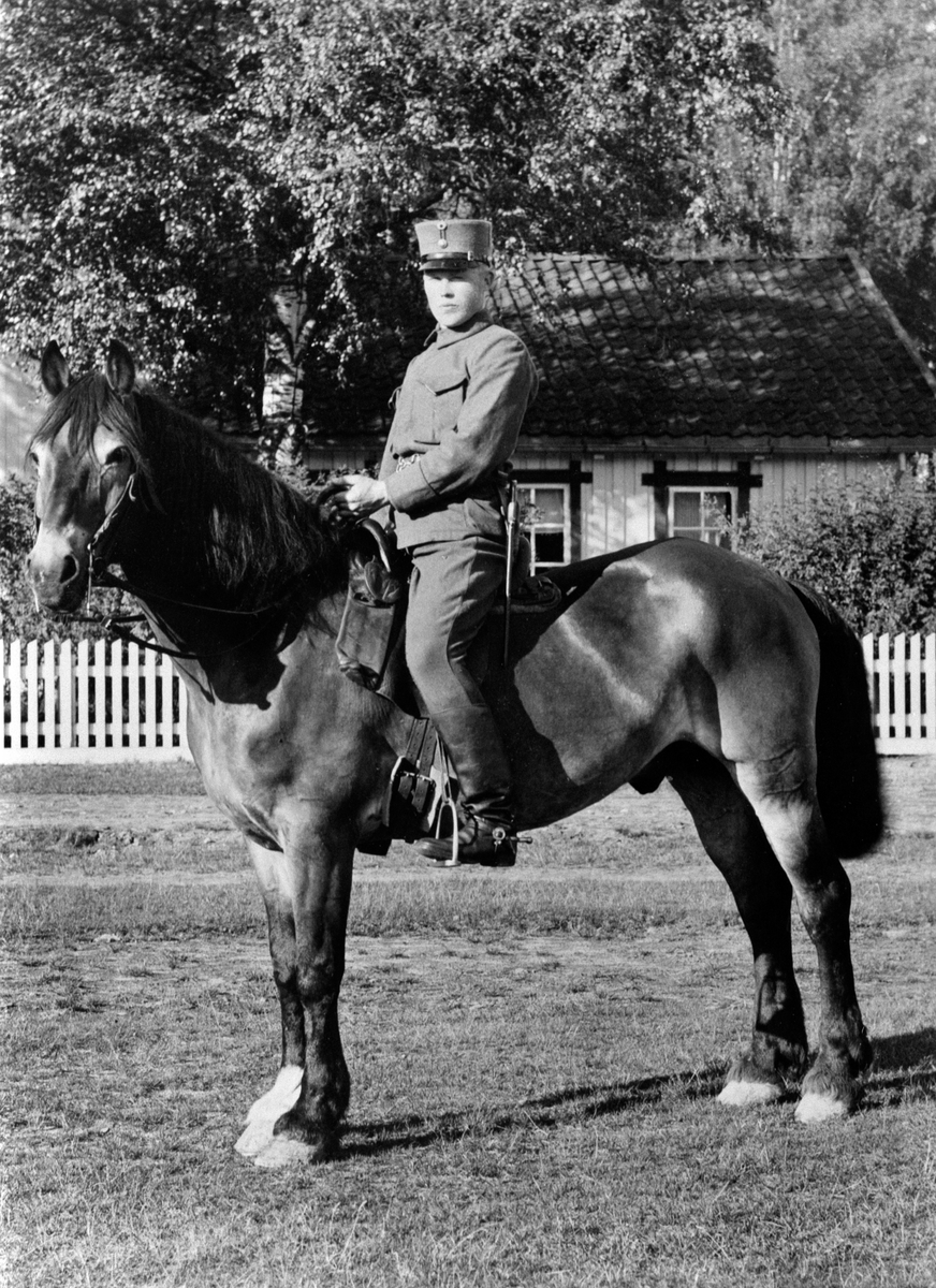 Anno Domkirkeodden, Hovslagerrekrutt Iver Jevne til hest på Gardermoen. Kvarterhesten "Leo". Kvarterhestene hadde betydning for bøndene. Hesten måtte møte opp ved innkalling. I dette tilfellet Skappel felthus. Oppdrettet på Leine Østre, 285 Leine Østre, Ringsaker Ekskadron.