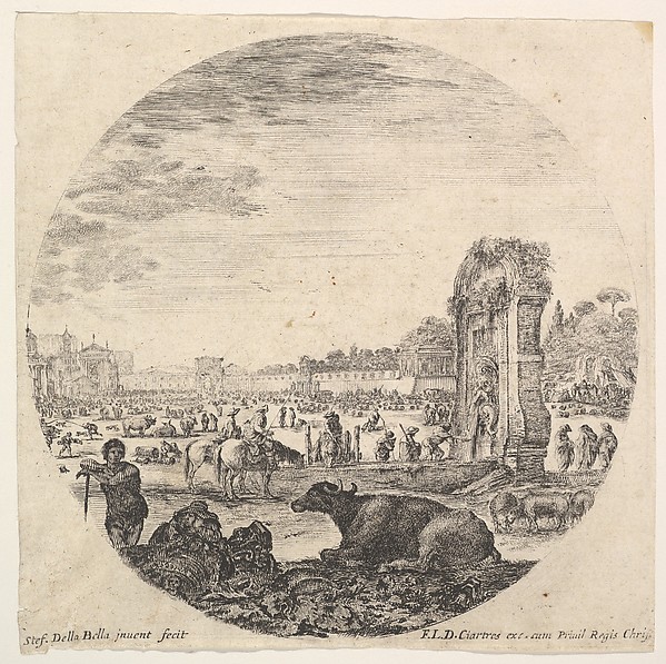 Stefano della Bella, Plate 2: Campo Vaccino, a buffalo and two shepherds in center, the Fontanone, various animals and people in the background, from "Roman landscapes and ruins" (Paysages et ruines de Rome)