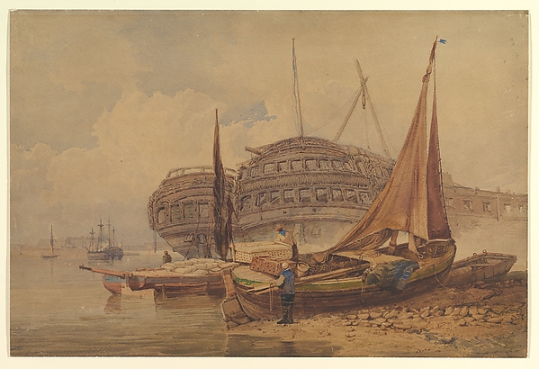 Samuel Prout, Coastal Scene with Beached Boats in Foreground
