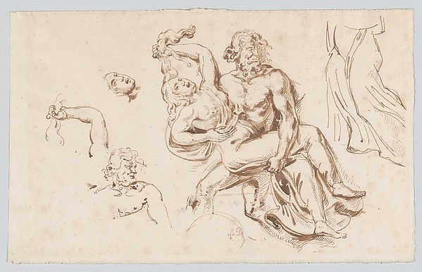 Eugène Delacroix, The Abduction of Theophane, after Bartoli (recto); Three Sketches of Theophane's Face (verso)