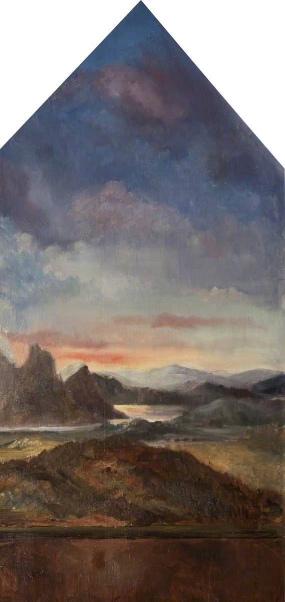 Rebecca Dulcibella Orpen, Triptych: Evening Landscape with River and Mountains (centre) and The Virgin Mary (left) and Saint John (right)