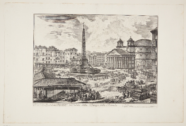 Giovanni Battista Piranesi, Udsigt over Piazza della Rotonda, Rom, med Pantheon, obelisken og fiskemarkedet