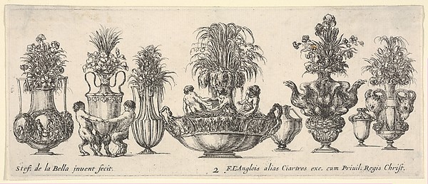 Stefano della Bella, Eight vases, the largest one in the middle with three sculptures in the round of two nymphs and a triton, plate 2 from "Collection of Various Vases" (Raccolta di Vasi Diversi)