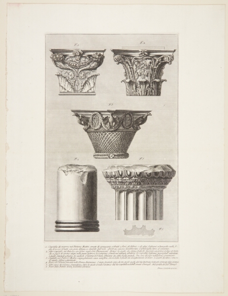 Giovanni Battista Piranesi, Kapitæler og fragmenter af søjler, fra Palazzo Mattei, Caracalla's termer mm.