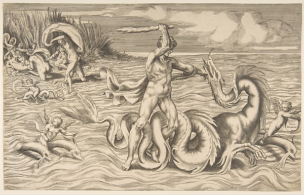 Giulio Bonasone, Hercules fight adragon in the centre, Achelous carrying off Deianeira upper left