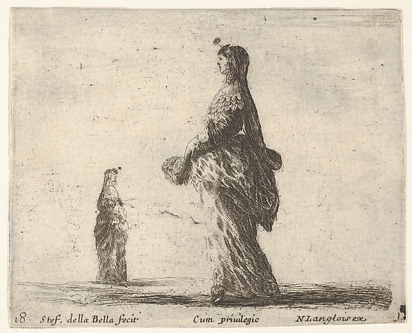 Stefano della Bella, Plate 18: a noblewoman walking towards the left with a feathered fan, another woman in background to left, from "Diversi Capricci"
