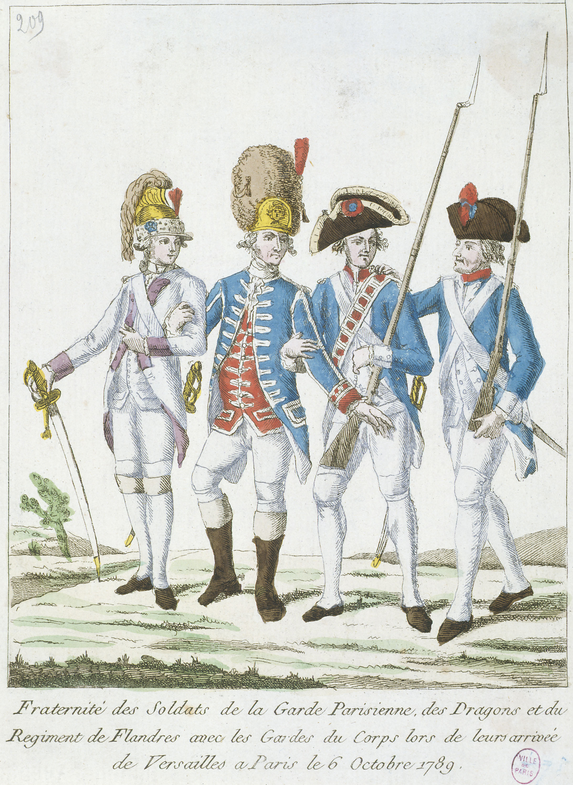 Anonyme, Le 6 octobre 1789, départ de la famille royale, de Versailles pour Paris. Fraternisation de (de gauche à droite) : un soldat de Flandres, Gardes du Corps, avec un Garde National.