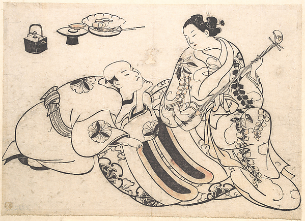 Okumura Masanobu, A Man in a Kneeling Posture Bending Forward and Listening to an Oiran who is Playing the Shamisen