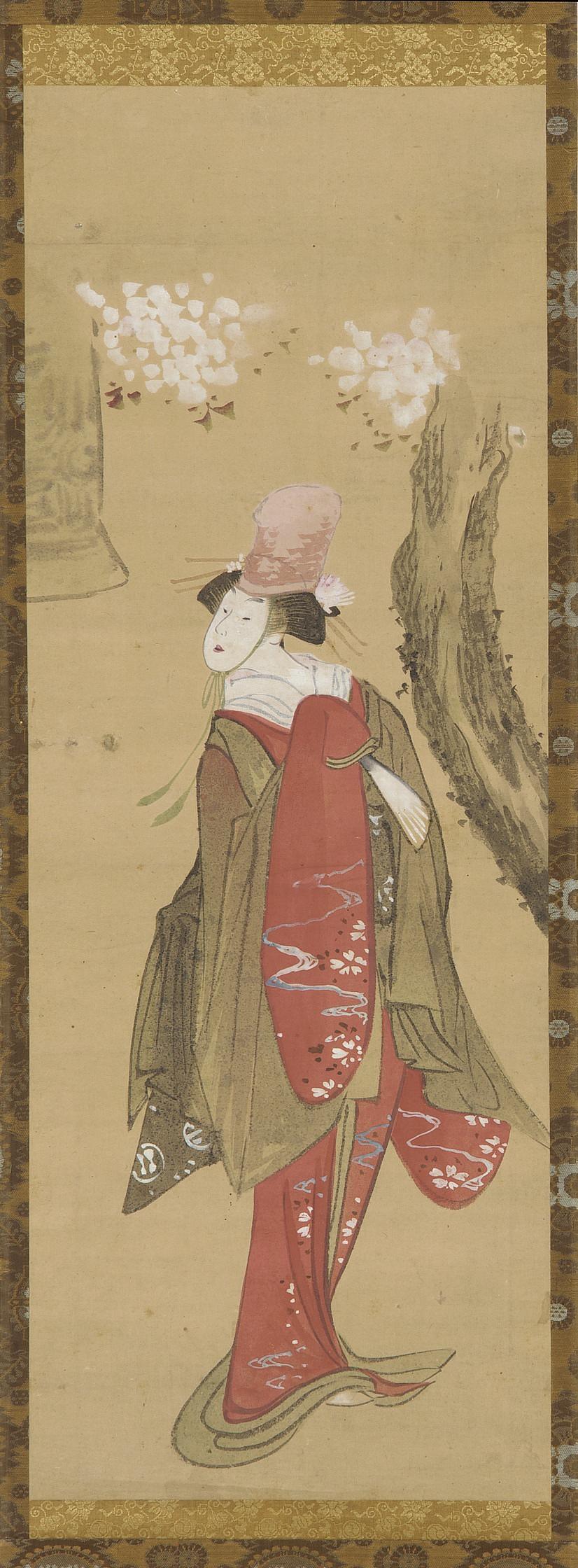 Katsushika Hokusai, A Dancer, Kiyohime, a cherry tree and the bell of Dojo-ji