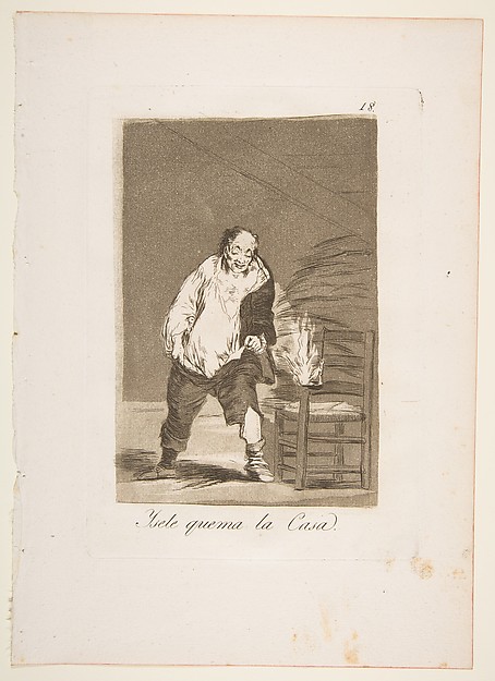 Goya (Francisco de Goya y Lucientes), Plate 18 from "Los Caprichos": And his house is on fire (Ysele quema la Casa)
