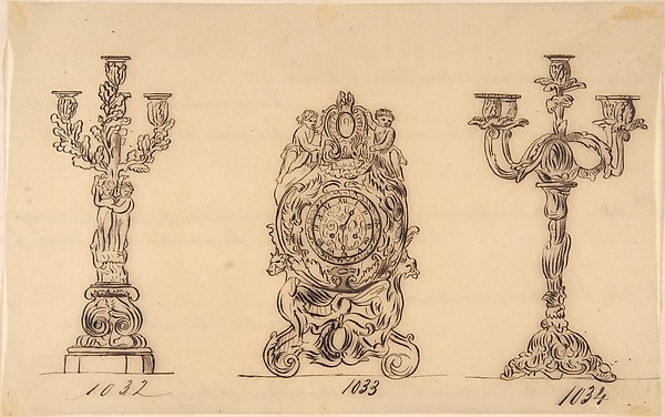 Anonymous, French, 19th century, Designs for a Clock and Two Candelabras