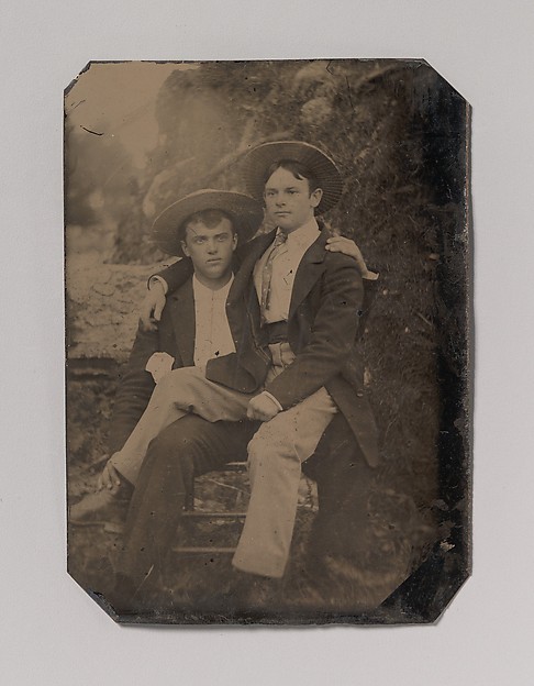 Unknown, [Two Young Men in Straw Hats, One Seated in the Other's Lap]