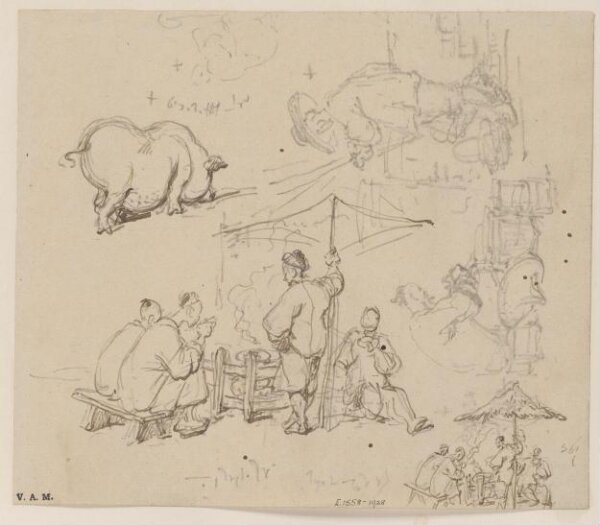 George Chinnery, Chinese men at a cooking stove, and of a pig