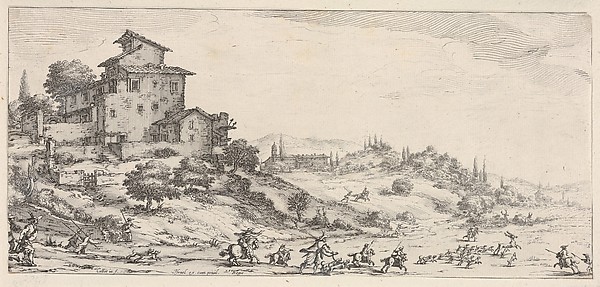 Jacques Callot, Hunters on horses and on foot, with hounds pursuing a stag, and two buildings in a hilly landscape, from "Italian landscapes" (Diverse vedute designate in Fiorenza / Paysages italiens)